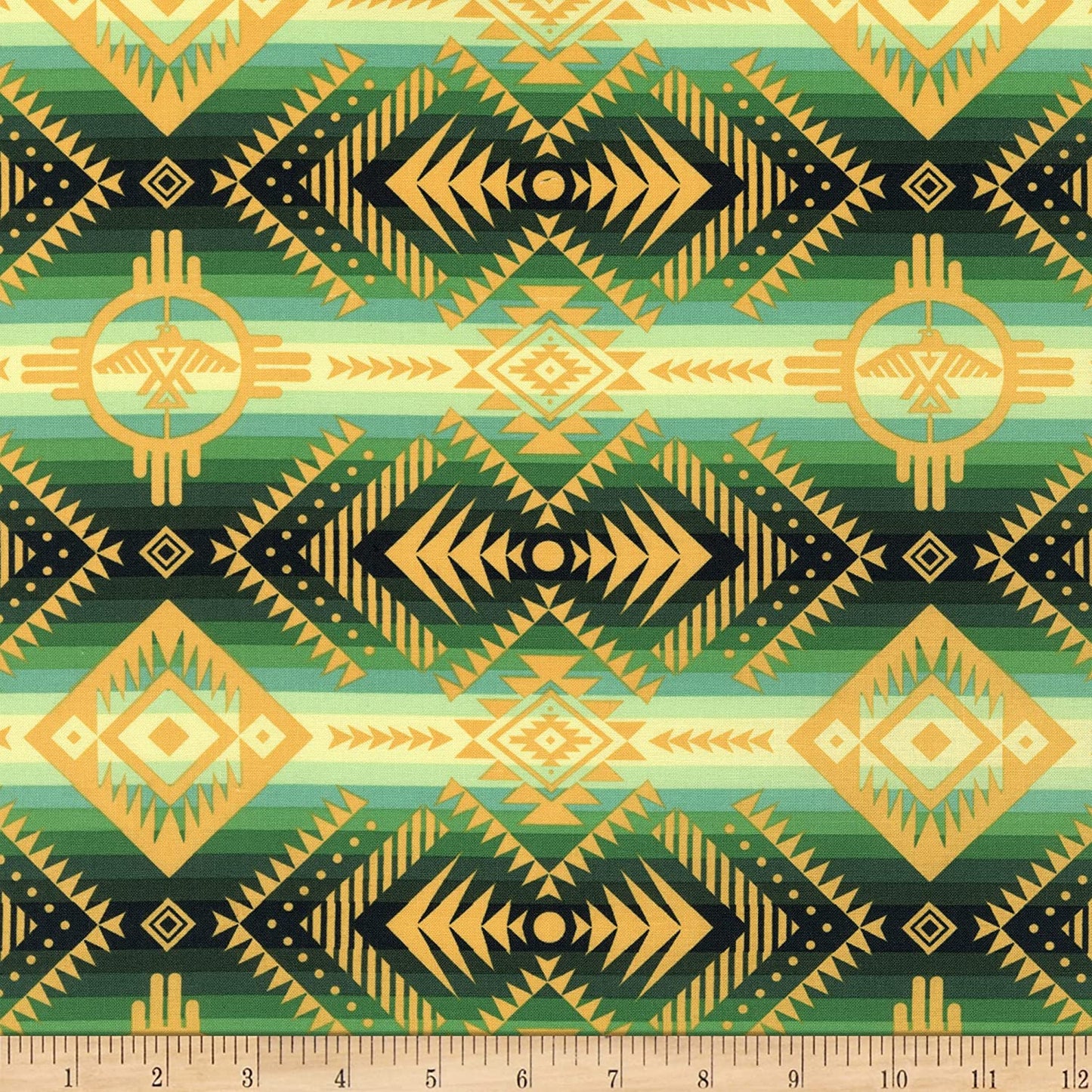 Tucson Thunderbird Blanket Green Elizabeth's Studio Cotton Fabric ES-647 Green