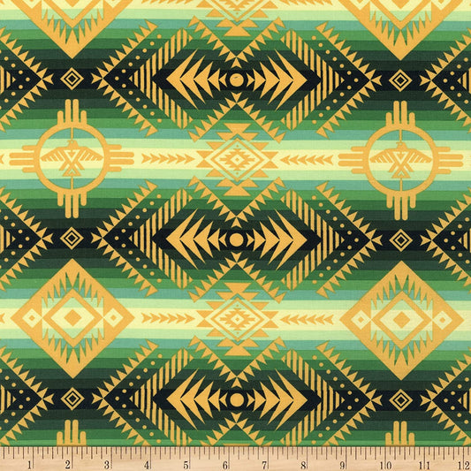 Tucson Thunderbird Blanket Green Elizabeth's Studio Cotton Fabric ES-647 Green
