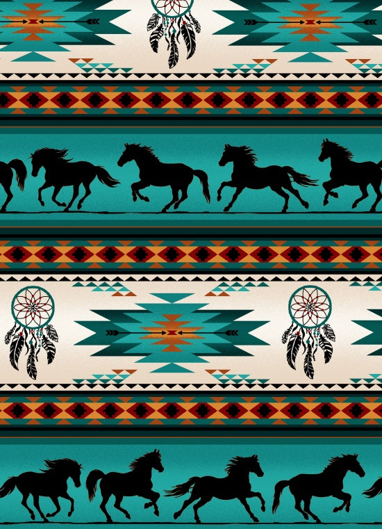 Tucson Horse Dreamcatcher Stripe Turquoise Elizabeth's Studio Cotton Fabric ES-497-Turquoise