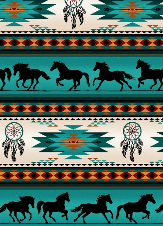 Tucson Horse Dreamcatcher Stripe Turquoise Elizabeth's Studio Cotton Fabric ES-497-Turquoise