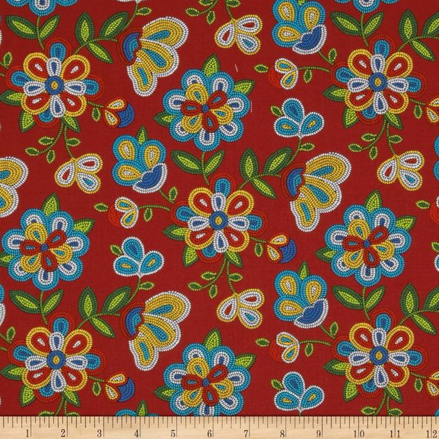 Tucson Beaded Floral Red Elizabeth's Studio Cotton Fabric ES-449 Red