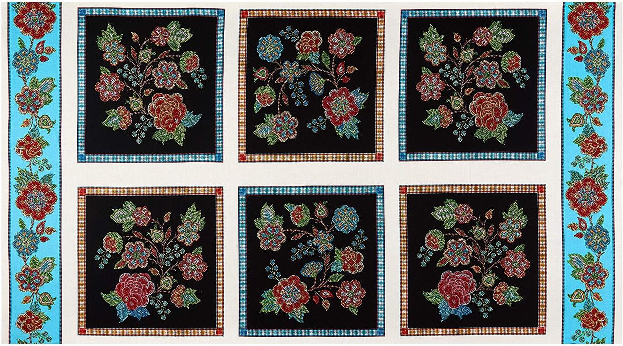 Tucson Beaded Flower Panel 24" Black Elizabeth's Studio Cotton Fabric ES-616 Black