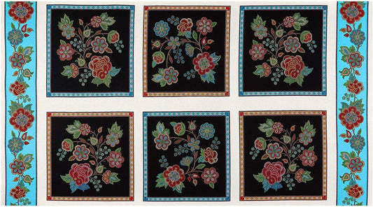 Tucson Beaded Flower Panel 24" Black Elizabeth's Studio Cotton Fabric ES-616 Black
