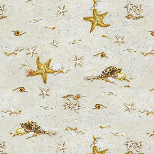 Turtle March Starfish and Seashells Sand Beige Lisa Marie Sparling Henry Glass Cotton Fabric  HG-1142-31