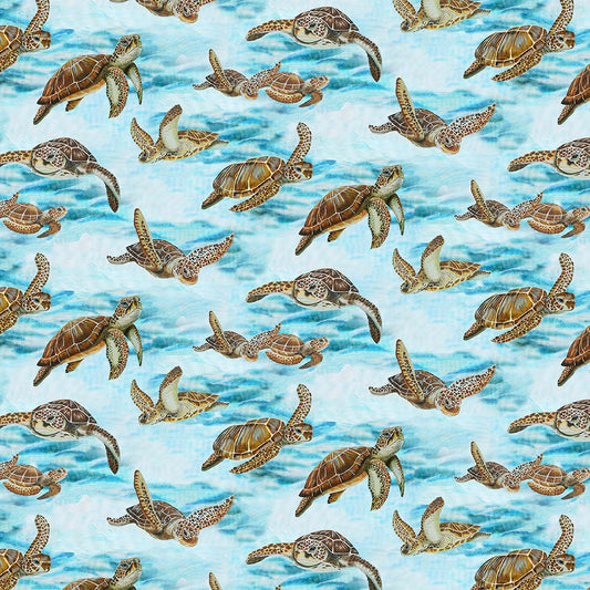 Turtle March Tossed Large Turtles Sky Blue Lisa Marie Sparling Henry Glass Cotton Fabric  HG-1143-11