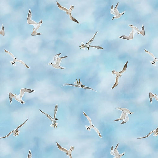Turtle March Tossed Seagulls Flying Sky Blue Lisa Marie Sparling Henry Glass Cotton Fabric HG-1139-11