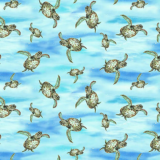 Turtle March Tossed Small Turtles Sky Blue Lisa Marie Sparling Henry Glass Cotton Fabric  HG-1141-11