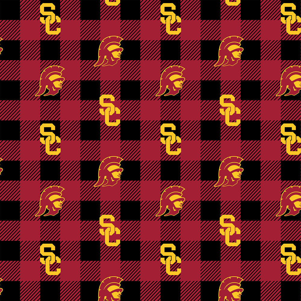 University of Southern California Trojans NCAA College Buffalo Plaid Sykel Enterprises Polyester FLEECE Fabric USC-1190
