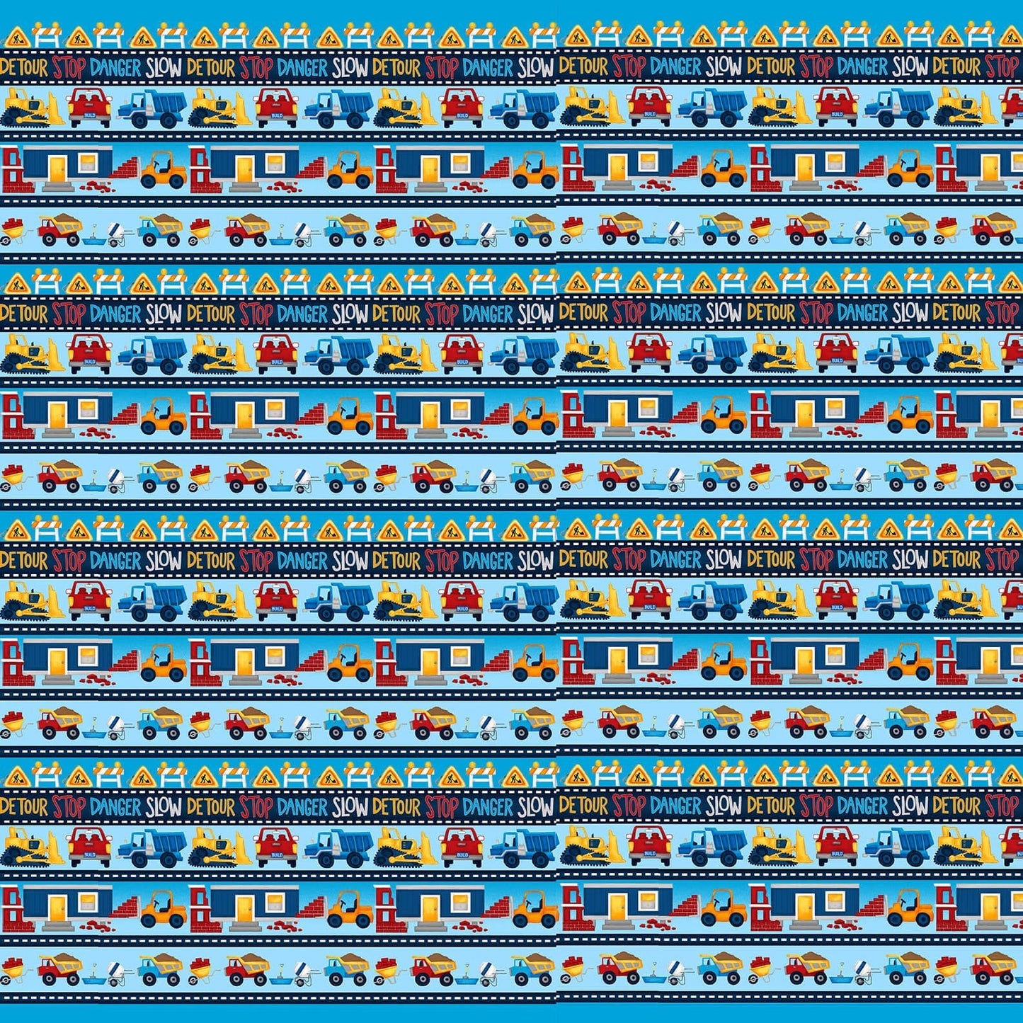 Under Construction Border Stripe Cyan Blue Dana Saulnier Studio E Cotton Fabric