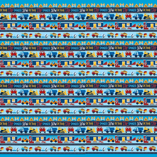 Under Construction Border Stripe Cyan Blue Dana Saulnier Studio E Cotton Fabric