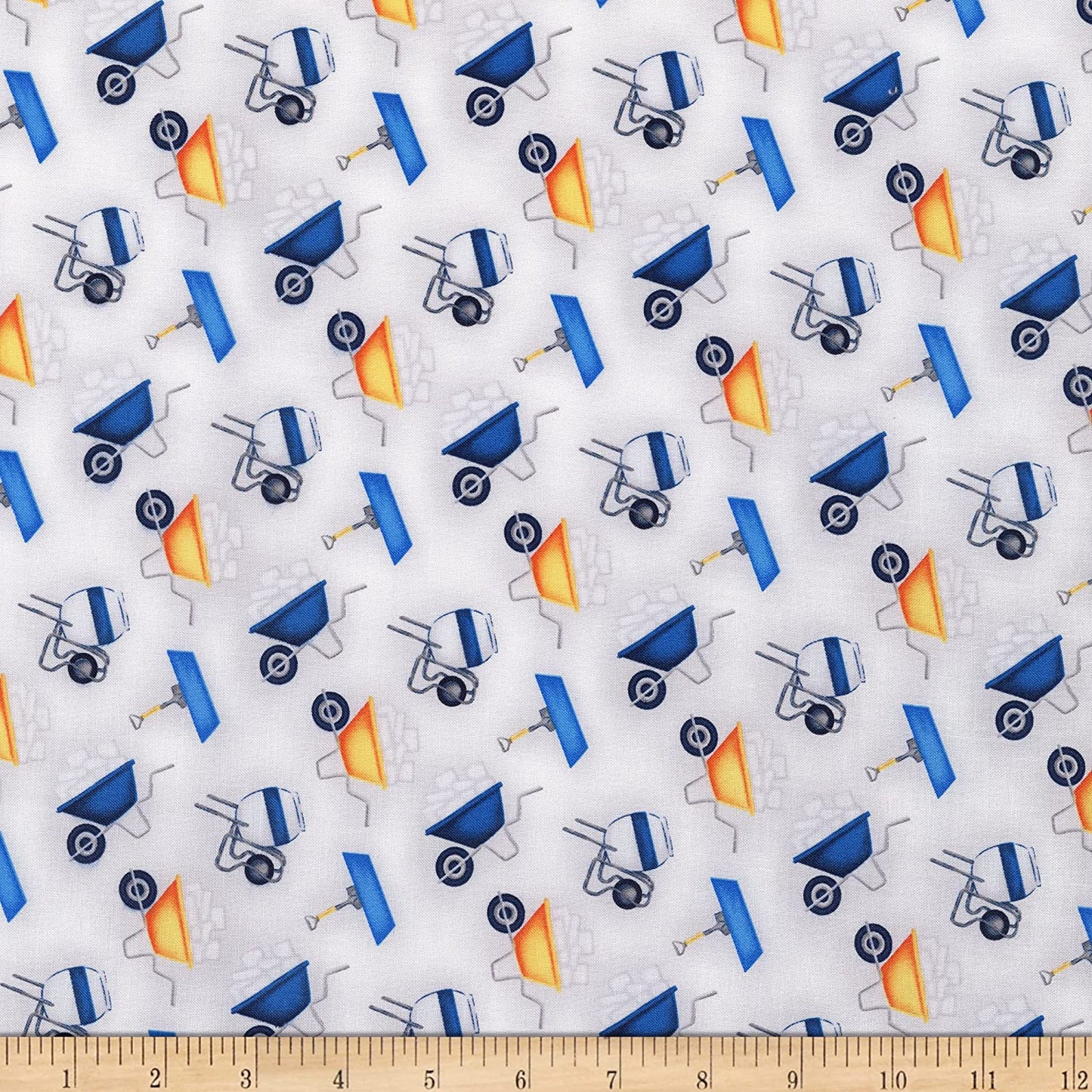 Under Construction Wheel Barrow White Studio E Cotton Fabric