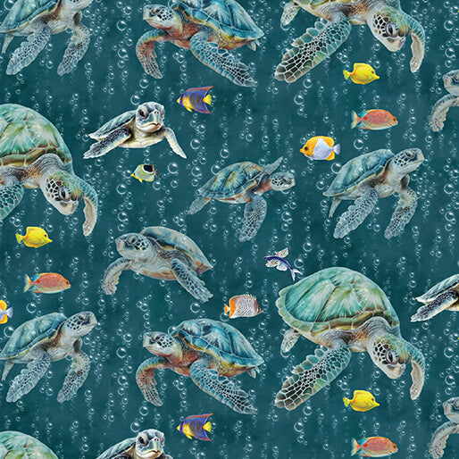 Under The Sea Turtle Swim Dark Teal Multi Skyline Studio Benartex Cotton Fabric BE-16530-85