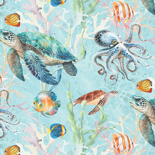 Under The Sea Under Sea World Light Turquoise Multi Skyline Studio Benartex Cotton Fabric BE-16529-80