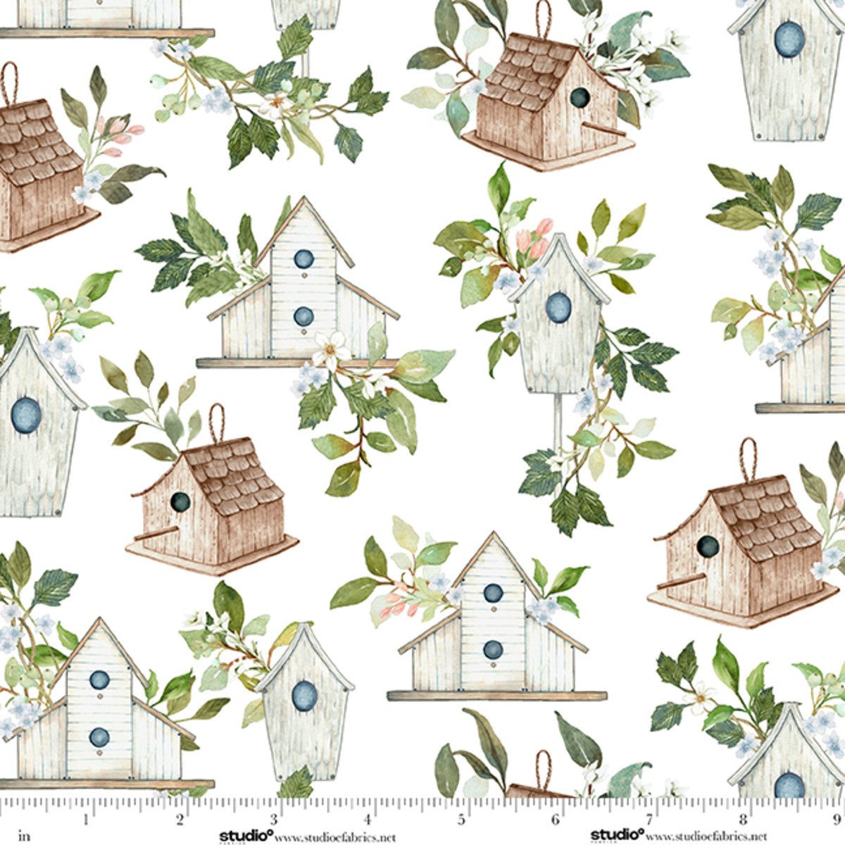 Unexpected Red Birdhouses White Rebecca Canale Studio E Cotton Fabric SE-9278-06