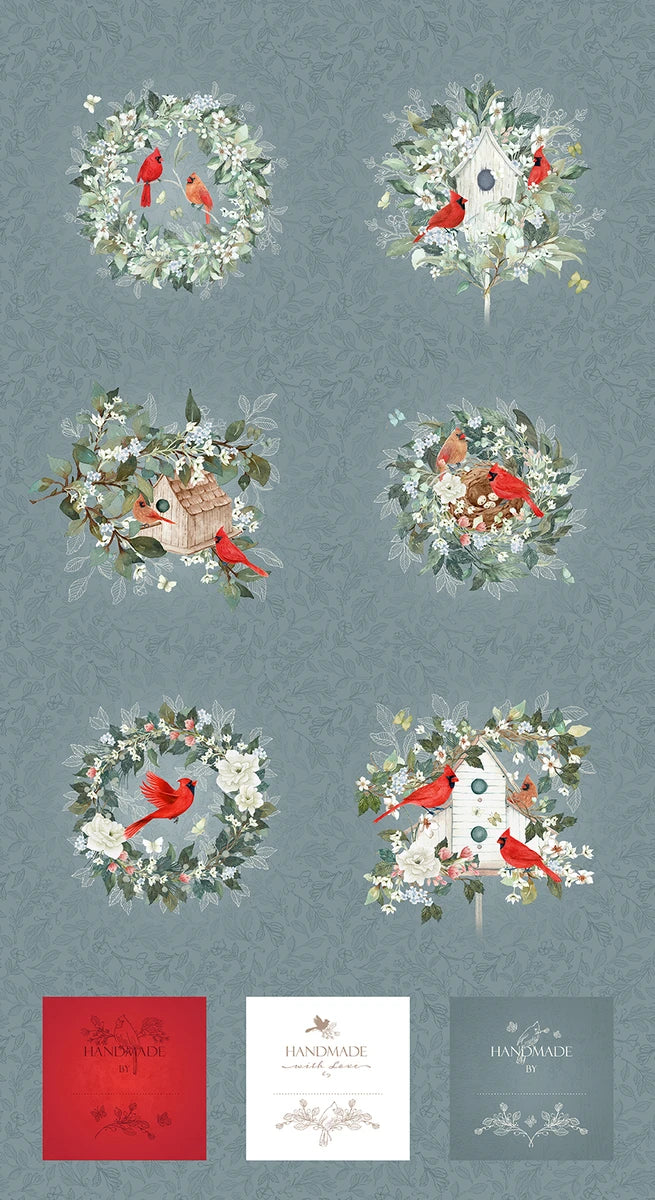 Unexpected Red Cardinal 9.5" Blocks Panel 24" Dark Slate Blue Rebecca Canale Studio E Cotton Fabric SE-9286P-77