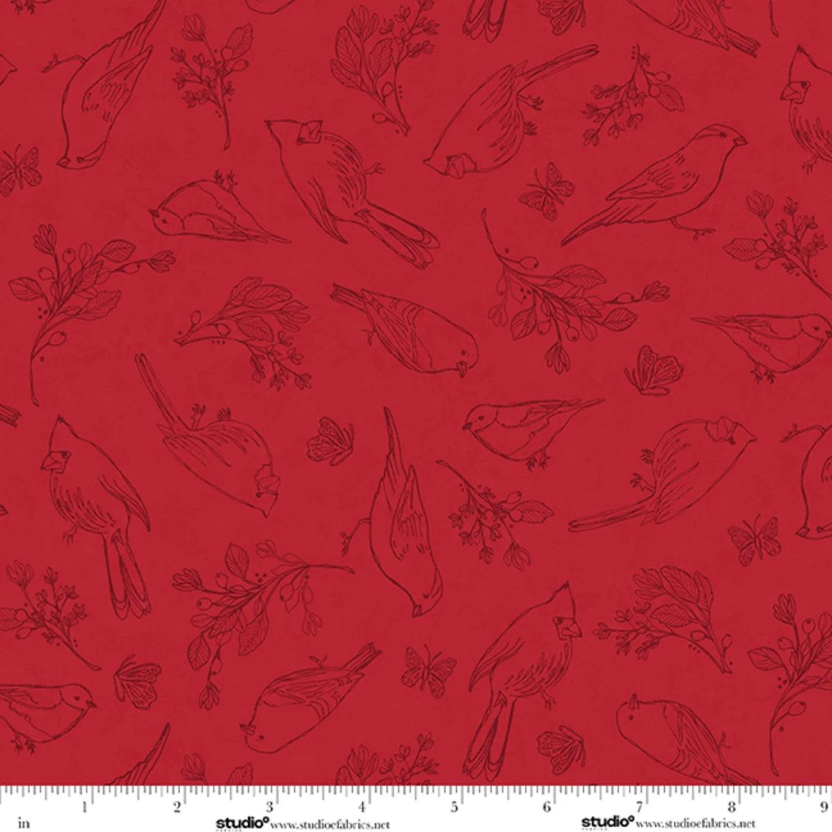 Unexpected Red Fine Line Flock Cardinals Red Rebecca Canale Studio E Cotton Fabric SE-9277-88