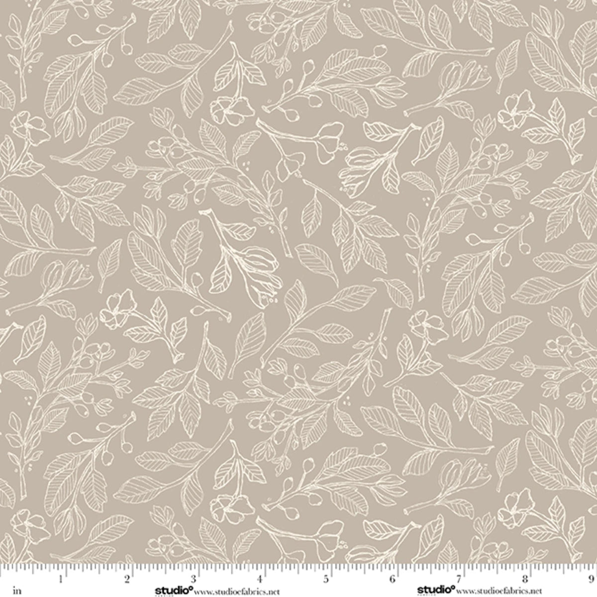 Unexpected Red Fineline Floral Leaves Taupe Beige Rebecca Canale Studio E Cotton Fabric SE-9279-33