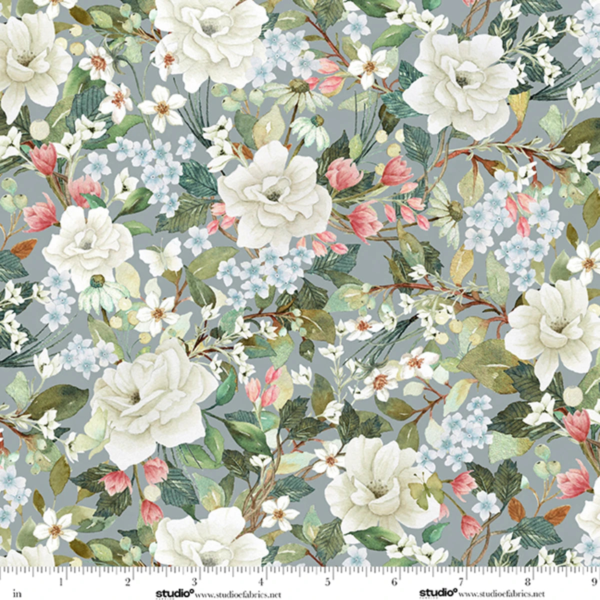Unexpected Red Floral Slate Sage Rebecca Canale Studio E Cotton Fabric SE-9282-76