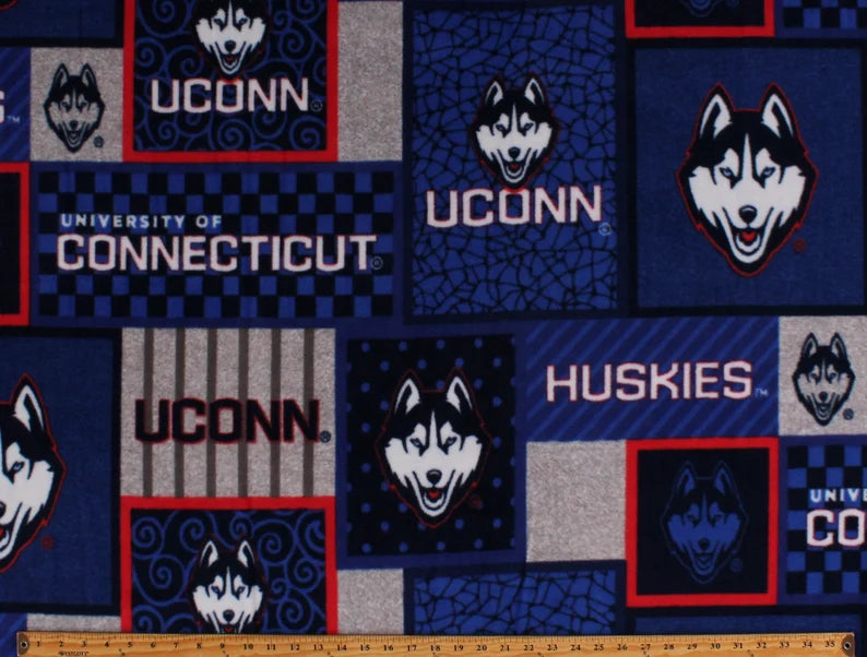 Connecticut Huskies NCAA College Blue Squares Sykel 58" FLEECE Fabric UCON-1177