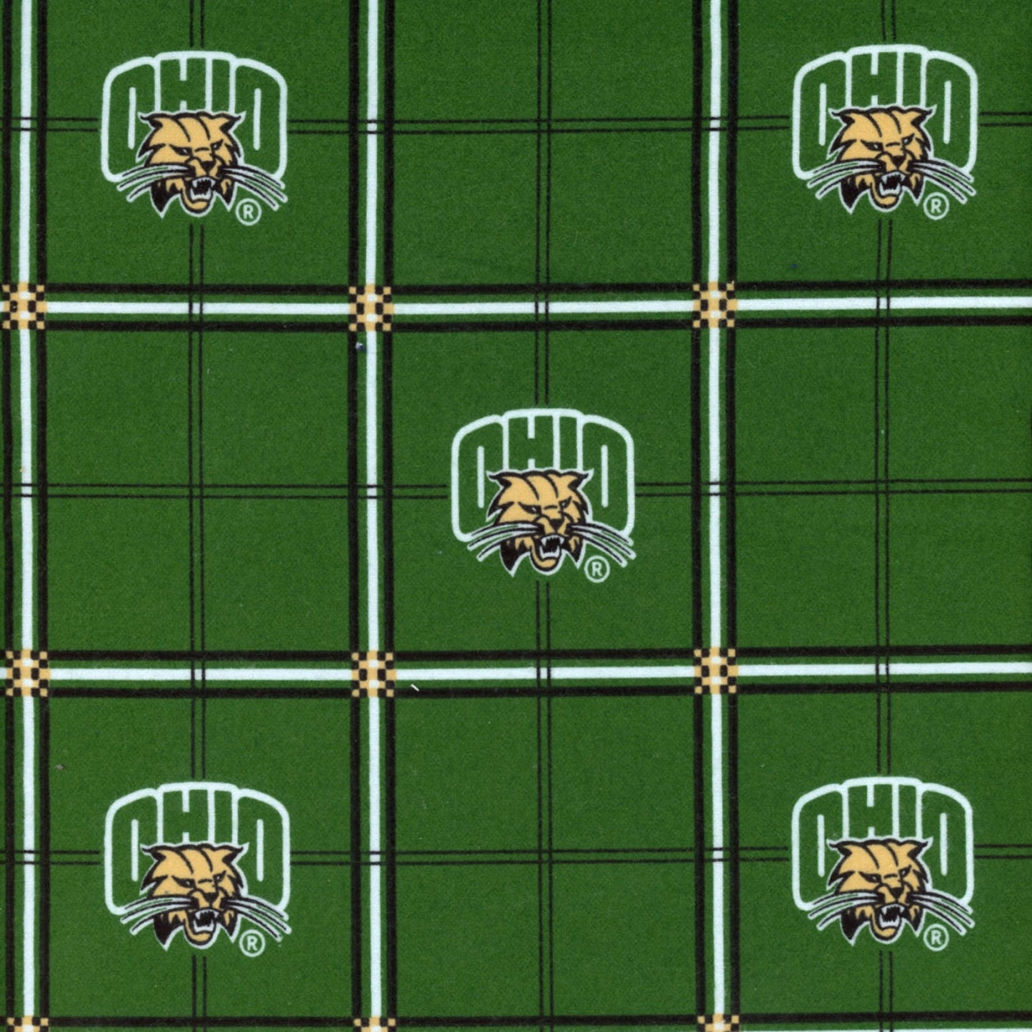 Ohio Bobcats NCAA Logo Plaid FLANNEL Green Sykel Cotton Fabric OHIO-023