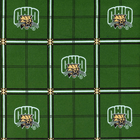Ohio Bobcats NCAA Logo Plaid FLANNEL Green Sykel Cotton Fabric OHIO-023