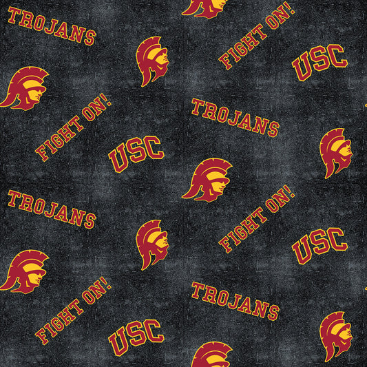 University of Southern California Trojans NCAA College Distressed Black Sykel FLANNEL Fabric USC-1152