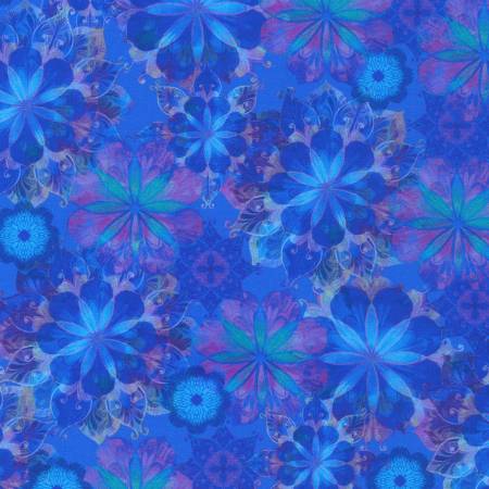 Venice Flower Blossom Collage Lapis Blue Christiane Marques Robert Kaufman Cotton Fabric RK-AQSD-19722-228