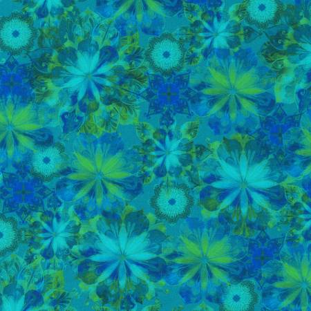 Venice Flower Blossom Collage Teal Blue Green Christiane Marques Robert Kaufman Cotton Fabric RK-AQSD-19722-213