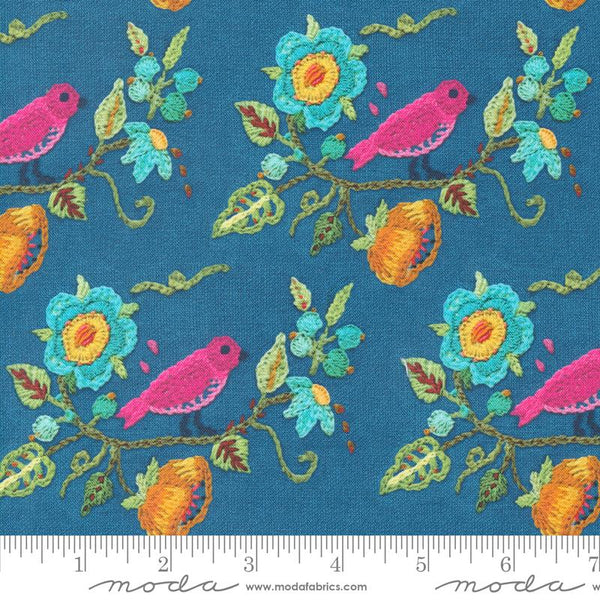 Vintage Soul Bird Stitch Florals Birds Crewel Embroidery Horizon Blue Cathe Holden Moda Cotton Fabric