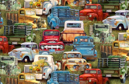 Vintage Trucks Packed Cars Green Elizabeth's Studio Cotton Fabric ES-21002-Green