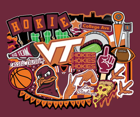 Virginia Tech Hokies NCAA College Doodle Panel 36" Sammy Sykel Enterprises Cotton Fabric SYK-VT-2000