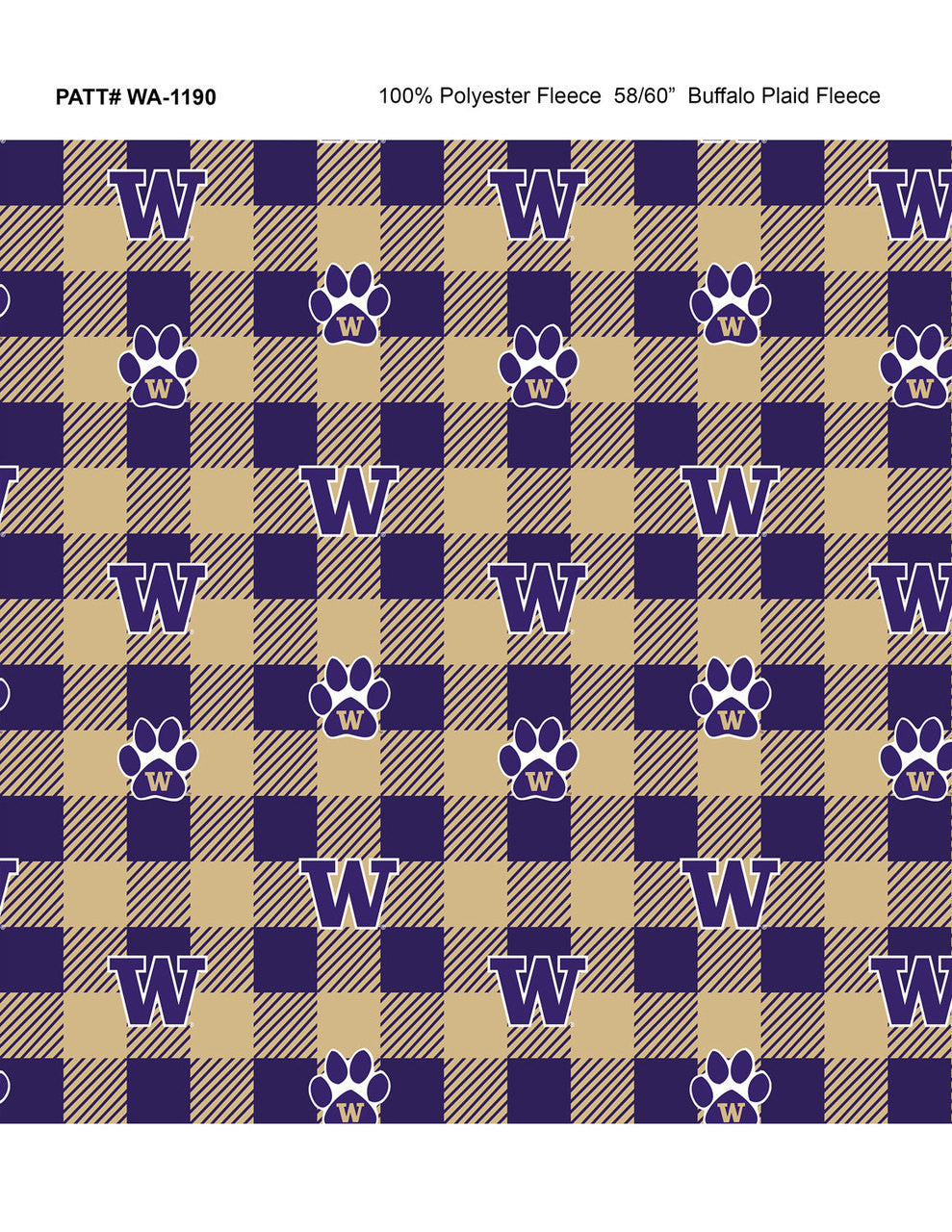Washington Huskies NCAA College Buffalo Plaid Sykel Enterprises Polyester Fleece Fabric WA-1190