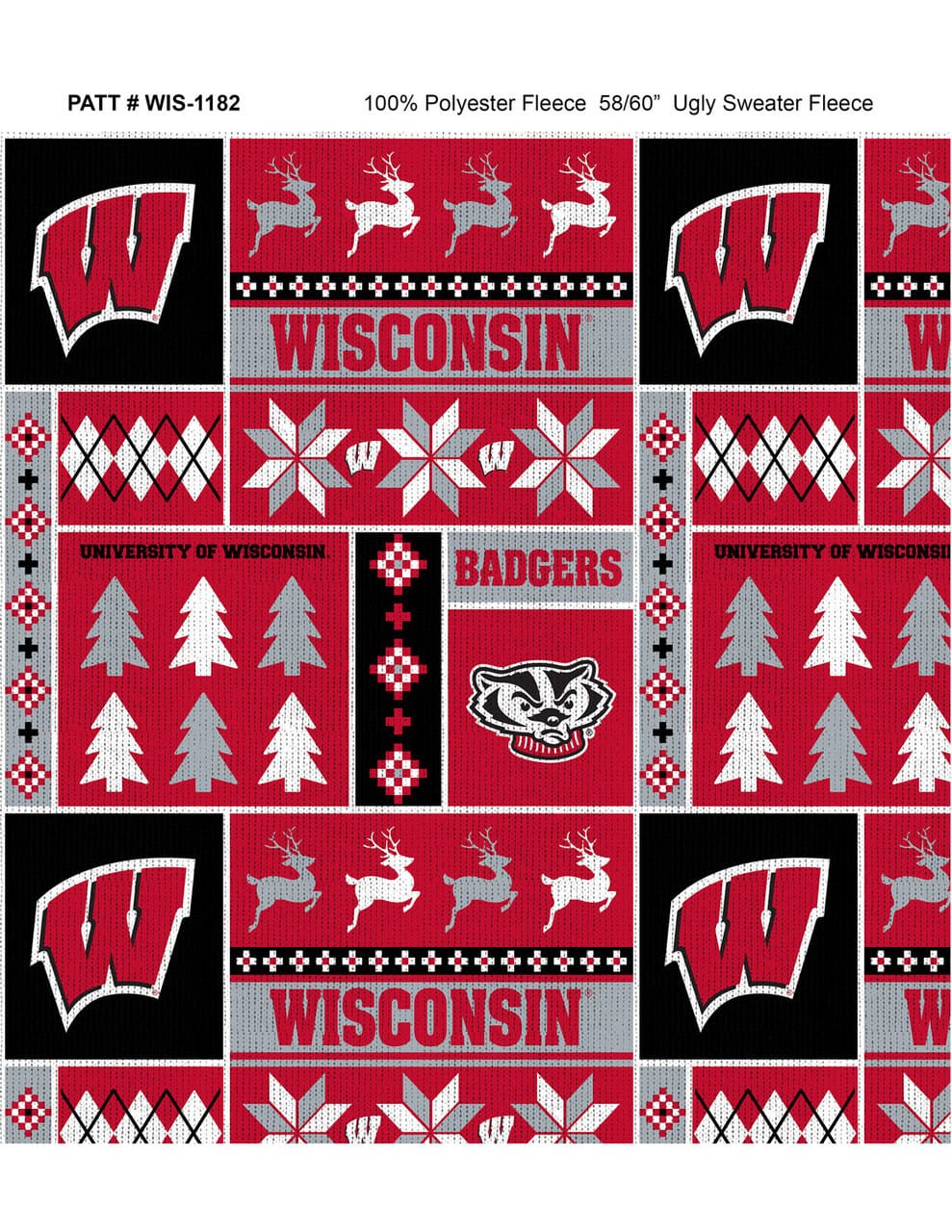 Wisconsin Badgers NCAA College Holiday Sweater Sykel Enterprises Polyester Fleece Fabric WIS-1182 | US Fabric Shop