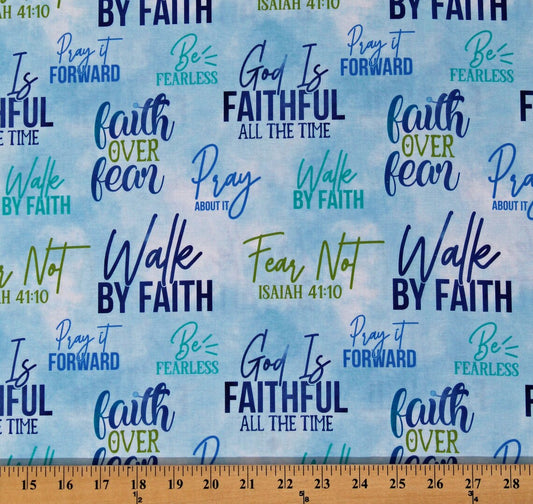 Walk by Faith Bible Verses Words Quotes Scriptures Light Blue David Textiles Cotton Fabric DT-DX-2435-1C-3