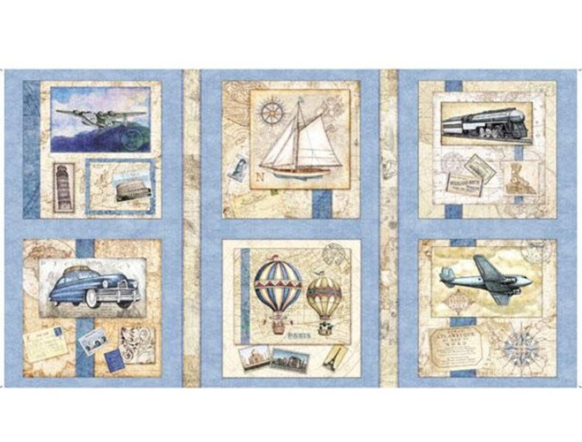 Wanderlust Picture Patches Panel 24" Light Blue Dan Morris Quilting Treasures Cotton Fabric