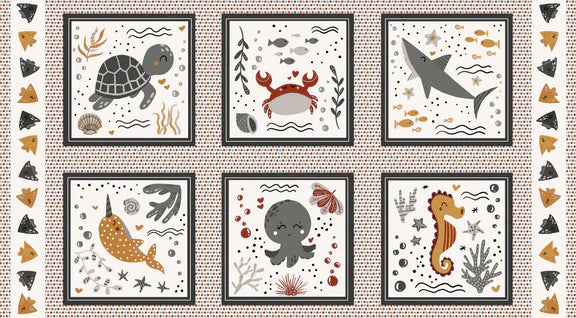 Water Babies 10'' Blocks Panel 24" Ivory White Sugarly Designs Studio E Cotton Fabric