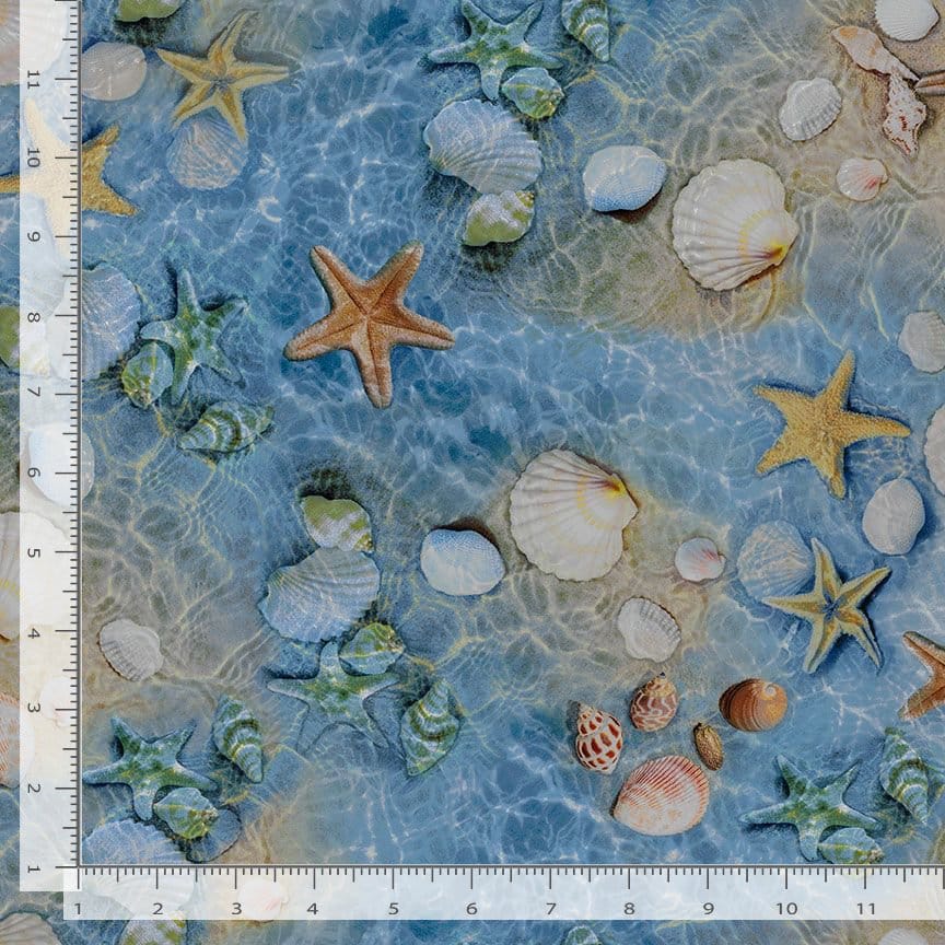 Water's Edge Shells and Starfish Chong-A-Hwang Timeless Treasures TT-BEACH-CD3871-BLUE | US Fabric Shop