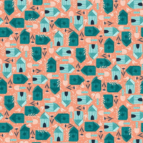 Welcome To Our Neighborhood Birdhouses Pink Teal Mel Rowlands Studio E Cotton Fabric