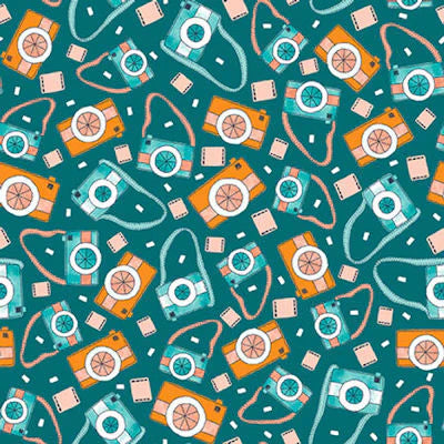 Welcome To Our Neighborhood Cameras Dark Teal Mel Rowlands Studio E Cotton Fabric