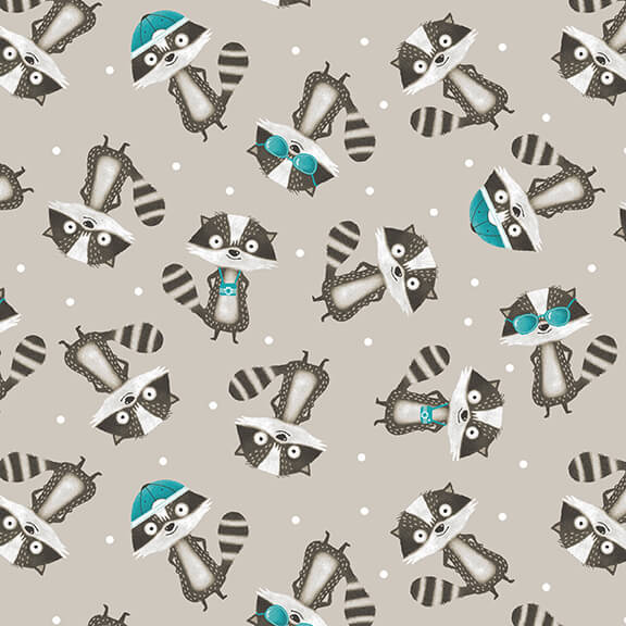 Welcome To Our Neighborhood Raccoons Gray Mel Rowlands Studio E Cotton Fabric