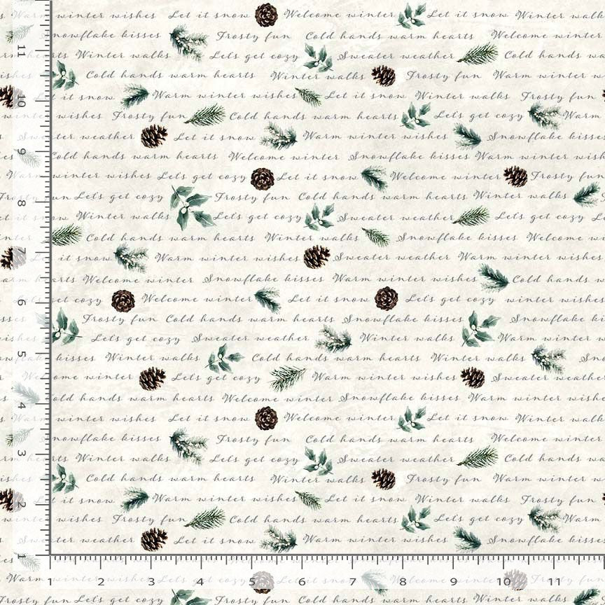 Welcome Winter Script Acorns Ivory Katie Hennagir Timeless Treasures Cotton Fabric TT-KATIE-CD4265-IVORY