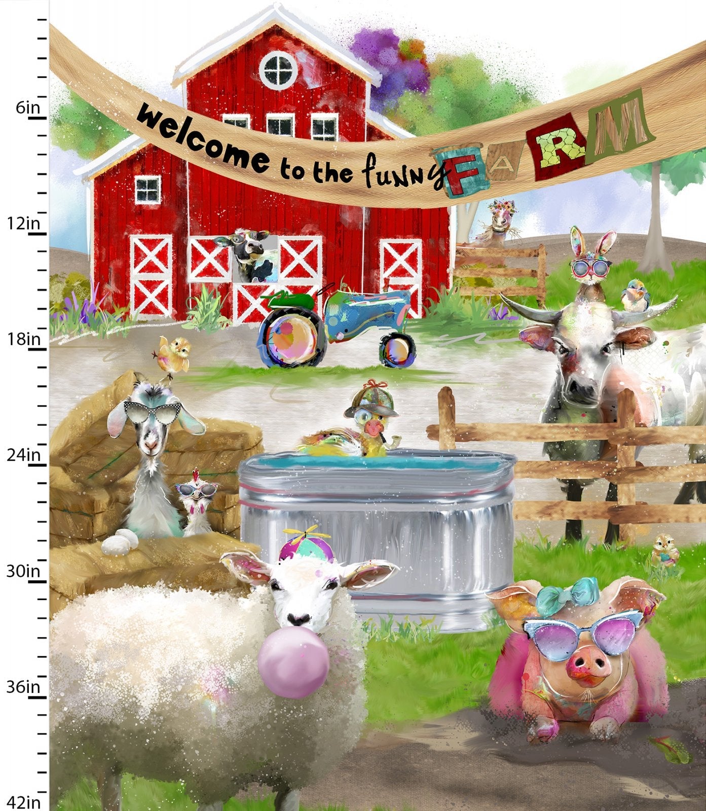 Welcome to the Funny Farm Barn Scene Animal Panel 36" Multi Connie Haley 3 Wishes Cotton Fabric