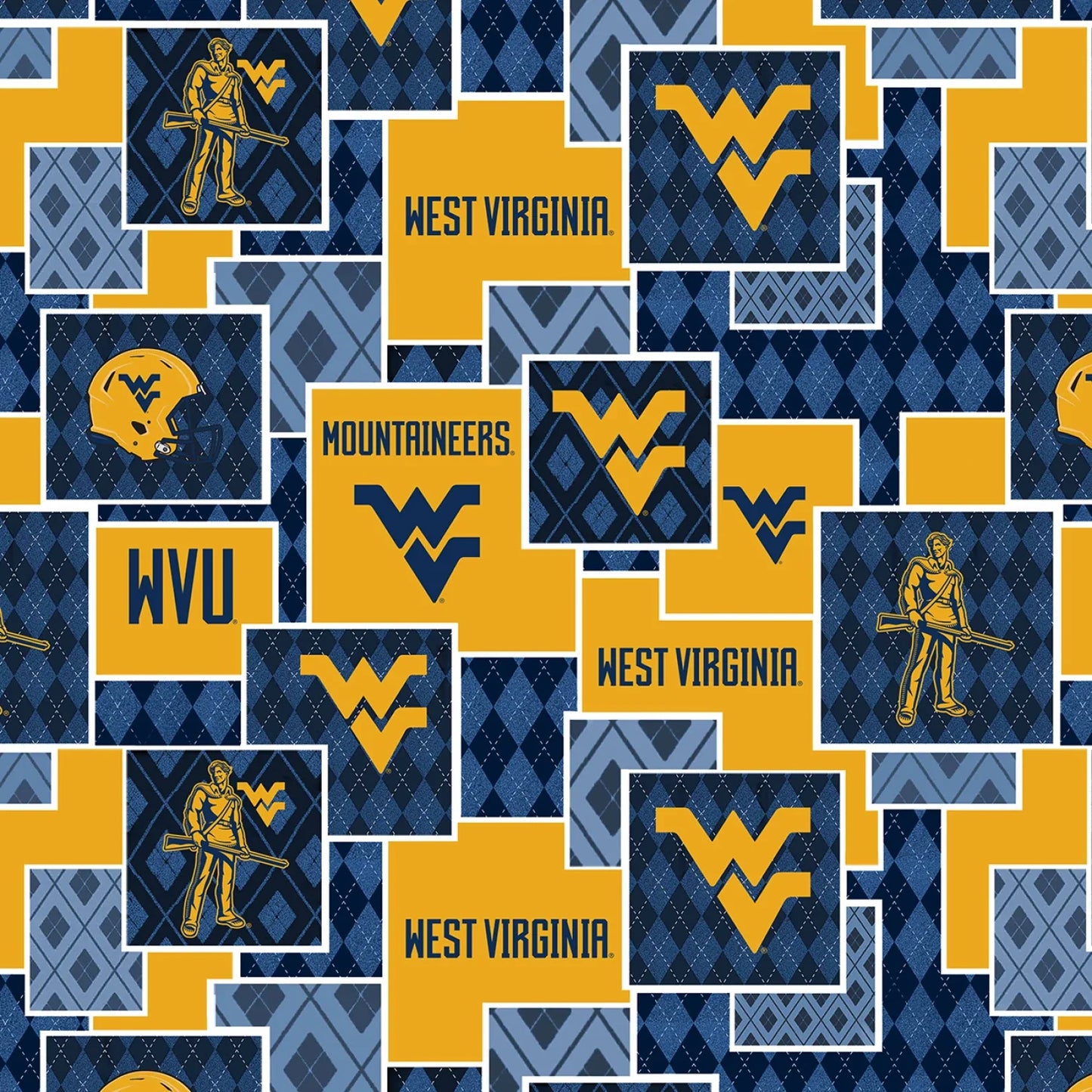West Virginia Mountaineers NCAA College Argyle Boxes Sykel Enterprises Cotton Fabric SYK-WV-1371