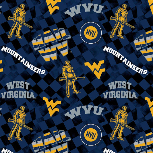 West Virginia Mountaineers NCAA College Check Allover Sykel Enterprises Cotton Fabric SYK-WV-1370
