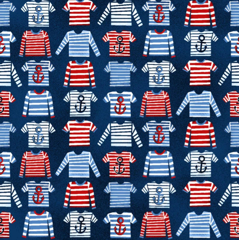 Whale of a Time Nautical Striped Shirts Navy Blue Sarah Prosser Studio E Cotton Fabric
