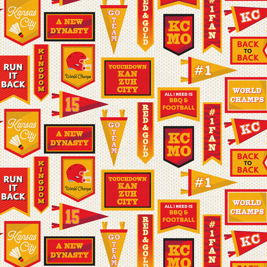 What a Catch Kansas City Chiefs Football Pennant Flags Cream PBS Collection PaintBrush Studio Cotton Fabric PBS-120-24890