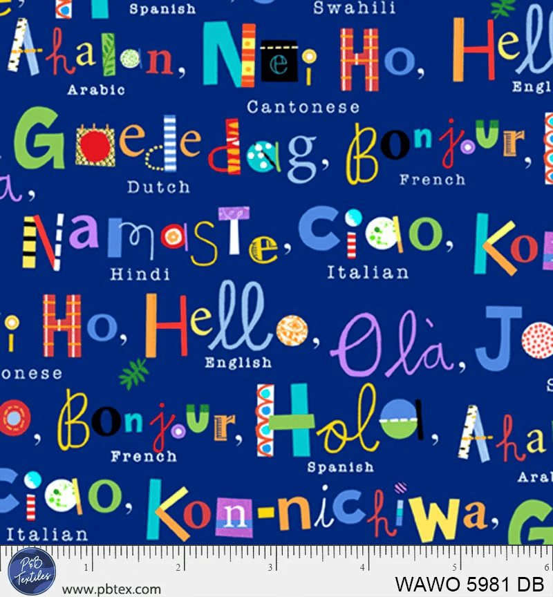 What a World A World of Hellos Dark Blue Jill McDonald P&B Textiles Cotton Fabric PB-WAWO-05981-DB | US Fabric Shop