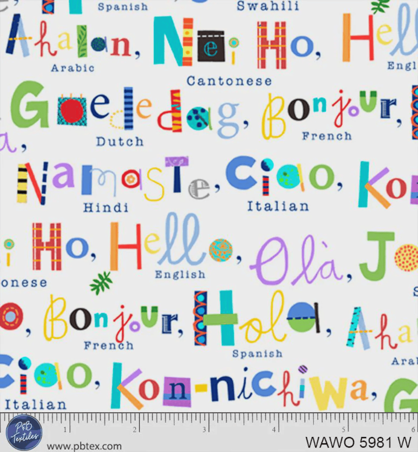 What a World A World of Hellos White Jill McDonald P&B Textiles Cotton Fabric PB-WAWO-05981-W | US Fabric Shop
