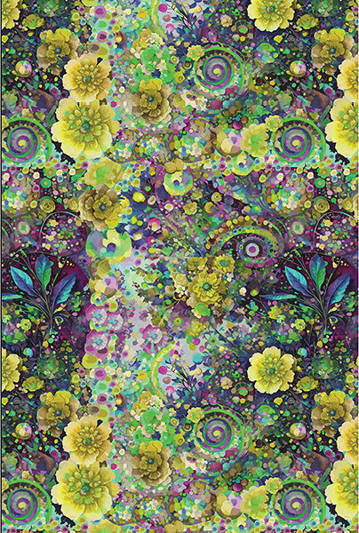 Whimsical Flower Garden 108" Wide back Floral Spiral Lime Marlies Hoffman Cotton Fabric HF-WW5535-71-Lime