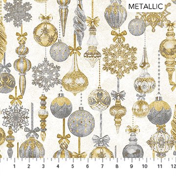 White Christmas Stonehenge Christmas Baubles Neutral Cream Gold Silver Metallic Linda Ludovico Northcott Cotton Fabric